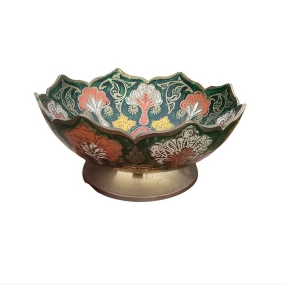 Vintage Hand Painted Floral Decorative Brass Bowl Made in India Catchall - Picture 1 of 8